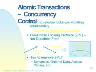 AtomicTransactions
– Concurrency
Control
 When to release locks w/o violating
serializability
R0(A) W0(A) R1(A) R1(B) R0(B) W0(B)
 Two-Phase Locking Protocol (2PL) –
Not Deadlock-Free
 How to improve 2PL?
 Semantics, Order of Data, Access
Pattern, etc.
Growing
Phase
Shrinking
Phase
serializable
schedules
2PL schedules
306
* All rights reserved, Tei-Wei Kuo, National Taiwan University, 2004.
 