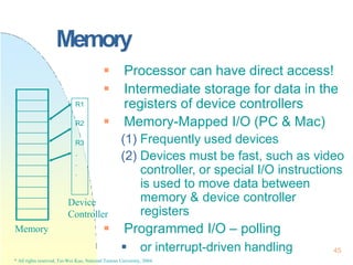 Memory
 Processor can have direct access!
 Intermediate storage for data in the
registers of device controllers
 Memory-Mapped I/O (PC & Mac)
(1) Frequently used devices
(2) Devices must be fast, such as video
controller, or special I/O instructions
is used to move data between
memory & device controller
registers
 Programmed I/O – polling
R1
R2
R3
.
.
.
Memory
Device
Controller
or interrupt-driven handling
 45
* All rights reserved, Tei-Wei Kuo, National Taiwan University, 2004.
 