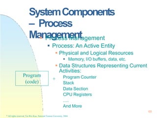 SystemComponents
– Process
Management
68
* All rights reserved, Tei-Wei Kuo, National Taiwan University, 2004.
 Process Management
 Process: An Active Entity
 Physical and Logical Resources
 Memory, I/O buffers, data, etc.
 Data Structures Representing Current
Activities:
Program Counter
Stack
Data Section
CPU Registers
….
And More
Program
(code)
+
 