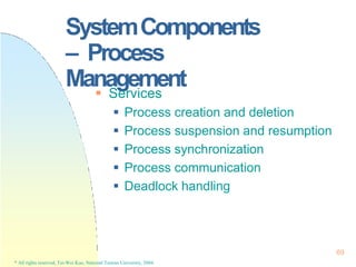 SystemComponents
– Process
Management
69
* All rights reserved, Tei-Wei Kuo, National Taiwan University, 2004.
 Services
 Process creation and deletion
 Process suspension and resumption
 Process synchronization
 Process communication
 Deadlock handling
 