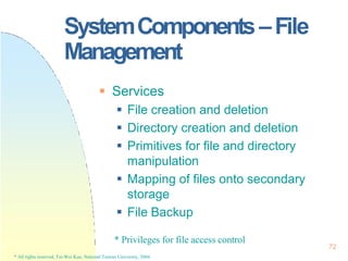 SystemComponents–File
Management
72
* All rights reserved, Tei-Wei Kuo, National Taiwan University, 2004.
 Services
 File creation and deletion
 Directory creation and deletion
 Primitives for file and directory
manipulation
 Mapping of files onto secondary
storage
 File Backup
* Privileges for file access control
 