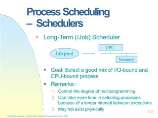 ProcessScheduling
– Schedulers
 Long-Term (/Job) Scheduler
 Goal: Select a good mix of I/O-bound and
CPU-bound process
...