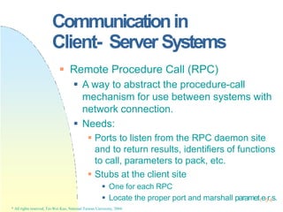 Communicationin
Client- Server Systems
 Locate the proper port and marshall paramet1e5r4s.
* All rights reserved, Tei-Wei...