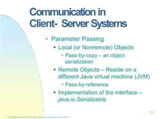 Communicationin
Client- Server Systems
159
* All rights reserved, Tei-Wei Kuo, National Taiwan University, 2004.
 Paramet...