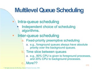 Multilevel QueueScheduling
215
* All rights reserved, Tei-Wei Kuo, National Taiwan University, 2004.
 Intra-queue schedul...