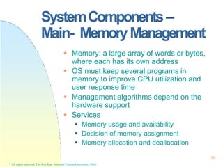SystemComponents–
Main- MemoryManagement
70
* All rights reserved, Tei-Wei Kuo, National Taiwan University, 2004.
 Memory...