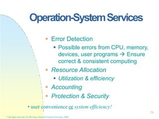 Operation-SystemServices
79
* All rights reserved, Tei-Wei Kuo, National Taiwan University, 2004.
 Error Detection
 Poss...