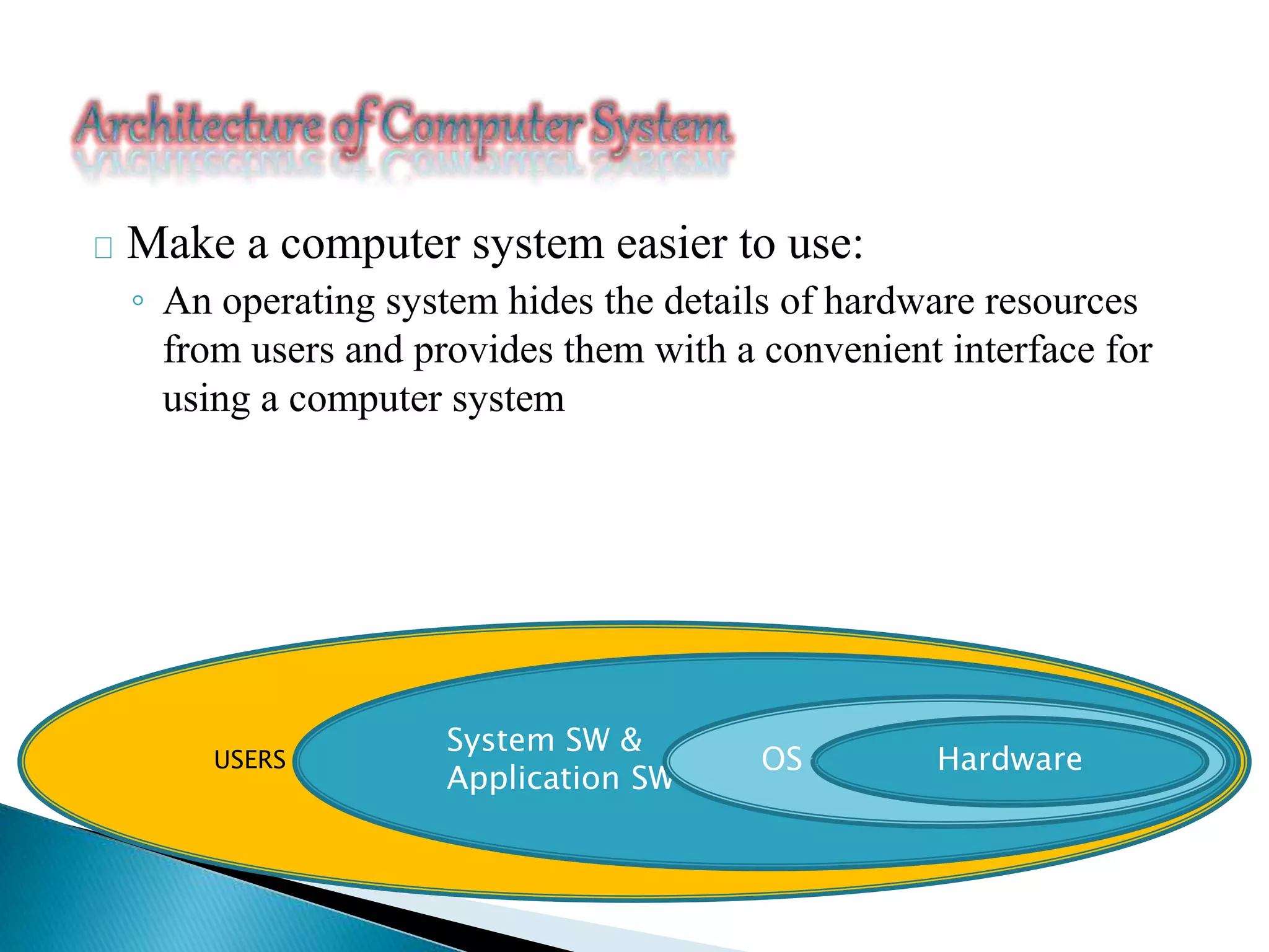 Make a computer system easier to use: 
◦ An operating system hides the details of hardware resources 
from users and provides them with a convenient interface for 
using a computer system 
USERS 
System SW & 
Application SW 
OS Hardware 
 