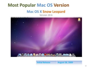 Most Popular Mac OS Version
Mac OS X Snow Leopard
Version 10.6

Initial Release

August 28, 2009
10

 