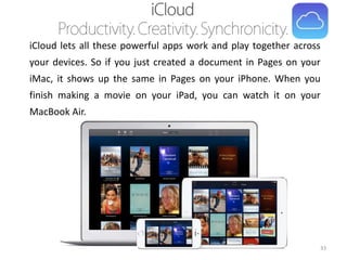 iCloud lets all these powerful apps work and play together across
your devices. So if you just created a document in Pages on your
iMac, it shows up the same in Pages on your iPhone. When you

finish making a movie on your iPad, you can watch it on your
MacBook Air.

33

 