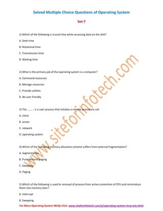 Questions On Computer Operating System Operating System Multiple Choice Questions | PDF