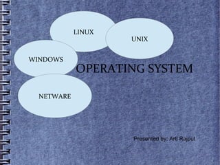 OPERATING SYSTEM
LINUX
WINDOWS
NETWARE
UNIX
Presented by: Arti Rajput
 