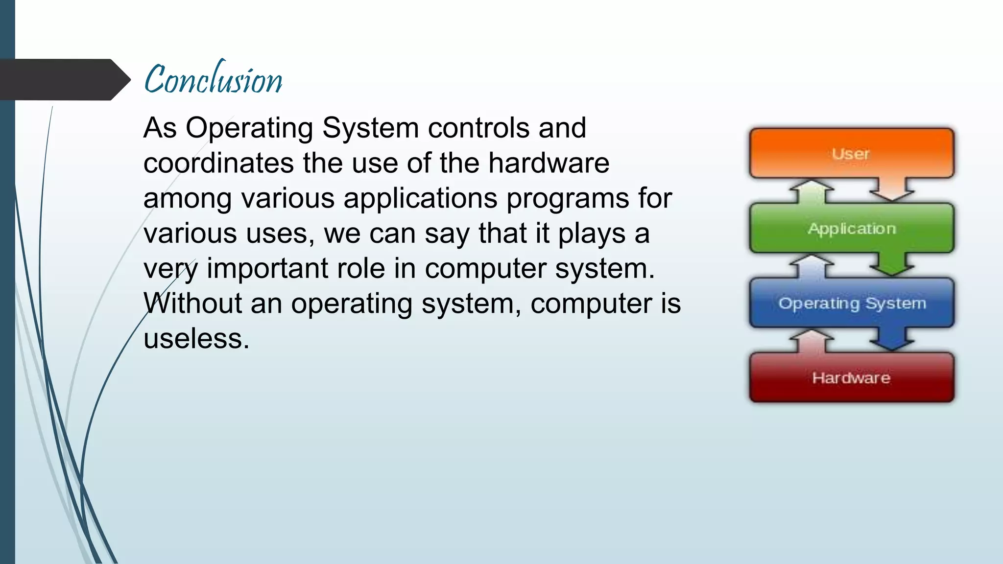 Conclusion 
As Operating System controls and 
coordinates the use of the hardware 
among various applications programs for 
various uses, we can say that it plays a 
very important role in computer system. 
Without an operating system, computer is 
useless. 
 