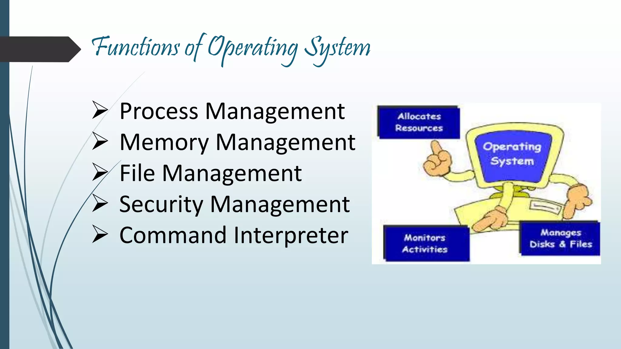 Functions of Operating System 
 Process Management 
 Memory Management 
 File Management 
 Security Management 
 Command Interpreter 
 