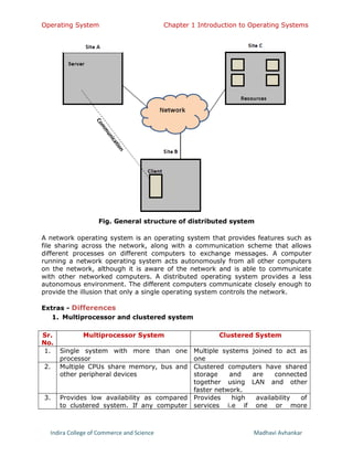 Operating System Chapter 1 Introduction to Operating Systems
Indira College of Commerce and Science Madhavi Avhankar
Fig. General structure of distributed system
A network operating system is an operating system that provides features such as
file sharing across the network, along with a communication scheme that allows
different processes on different computers to exchange messages. A computer
running a network operating system acts autonomously from all other computers
on the network, although it is aware of the network and is able to communicate
with other networked computers. A distributed operating system provides a less
autonomous environment. The different computers communicate closely enough to
provide the illusion that only a single operating system controls the network.
Extras - Differences
1. Multiprocessor and clustered system
Sr.
No.
Multiprocessor System Clustered System
1. Single system with more than one
processor
Multiple systems joined to act as
one
2. Multiple CPUs share memory, bus and
other peripheral devices
Clustered computers have shared
storage and are connected
together using LAN and other
faster network.
3. Provides low availability as compared
to clustered system. If any computer
Provides high availability of
services i.e if one or more
 