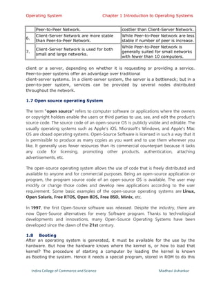 Operating System Chapter 1 Introduction to Operating Systems
Indira College of Commerce and Science Madhavi Avhankar
Peer-to-Peer Network. costlier than Client-Server Network.
6.
Client-Server Network are more stable
than Peer-to-Peer Network.
While Peer-to-Peer Network are less
stable if number of peer is increase.
7.
Client-Server Network is used for both
small and large networks.
While Peer-to-Peer Network is
generally suited for small networks
with fewer than 10 computers.
client or a server, depending on whether it is requesting or providing a service.
Peer-to-peer systems offer an advantage over traditional
client-server systems. In a client-server system, the server is a bottleneck; but in a
peer-to-peer system, services can be provided by several nodes distributed
throughout the network.
1.7 Open source operating System
The term "open source" refers to computer software or applications where the owners
or copyright holders enable the users or third parties to use, see, and edit the product's
source code. The source code of an open-source OS is publicly visible and editable. The
usually operating systems such as Apple's iOS, Microsoft's Windows, and Apple's Mac
OS are closed operating systems. Open-Source Software is licensed in such a way that it
is permissible to produce as many copies as you want and to use them wherever you
like. It generally uses fewer resources than its commercial counterpart because it lacks
any code for licensing, promoting other products, authentication, attaching
advertisements, etc.
The open-source operating system allows the use of code that is freely distributed and
available to anyone and for commercial purposes. Being an open-source application or
program, the program source code of an open-source OS is available. The user may
modify or change those codes and develop new applications according to the user
requirement. Some basic examples of the open-source operating systems are Linux,
Open Solaris, Free RTOS, Open BDS, Free BSD, Minix, etc.
In 1997, the first Open-Source software was released. Despite the industry, there are
now Open-Source alternatives for every Software program. Thanks to technological
developments and innovations, many Open-Source Operating Systems have been
developed since the dawn of the 21st century.
1.8 Booting
After an operating system is generated, it must be available for the use by the
hardware. But how the hardware knows where the kernel is, or how to load that
kernel? The procedure of starting a computer by loading the kernel is known
as Booting the system. Hence it needs a special program, stored in ROM to do this
 