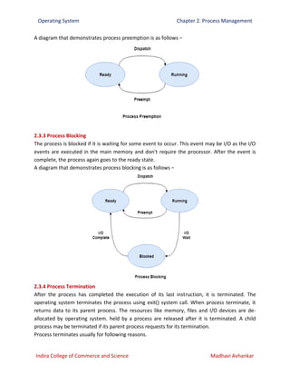 Operating System Chapter 2. Process Management
Indira College of Commerce and Science Madhavi Avhankar
A diagram that demonstrates process preemption is as follows −
2.3.3 Process Blocking
The process is blocked if it is waiting for some event to occur. This event may be I/O as the I/O
events are executed in the main memory and don't require the processor. After the event is
complete, the process again goes to the ready state.
A diagram that demonstrates process blocking is as follows −
2.3.4 Process Termination
After the process has completed the execution of its last instruction, it is terminated. The
operating system terminates the process using exit() system call. When process terminate, it
returns data to its parent process. The resources like memory, files and I/O devices are de-
allocated by operating system. held by a process are released after it is terminated. A child
process may be terminated if its parent process requests for its termination.
Process terminates usually for following reasons.
 