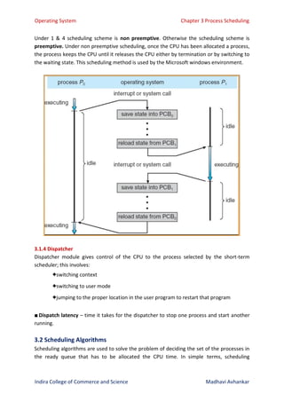 Operating System Chapter 3 Process Scheduling
Indira College of Commerce and Science Madhavi Avhankar
Under 1 & 4 scheduling scheme is non preemptive. Otherwise the scheduling scheme is
preemptive. Under non preemptive scheduling, once the CPU has been allocated a process,
the process keeps the CPU until it releases the CPU either by termination or by switching to
the waiting state. This scheduling method is used by the Microsoft windows environment.
3.1.4 Dispatcher
Dispatcher module gives control of the CPU to the process selected by the short-term
scheduler; this involves:
✦switching context
✦switching to user mode
✦jumping to the proper location in the user program to restart that program
■ Dispatch latency – time it takes for the dispatcher to stop one process and start another
running.
3.2 Scheduling Algorithms
Scheduling algorithms are used to solve the problem of deciding the set of the processes in
the ready queue that has to be allocated the CPU time. In simple terms, scheduling
 