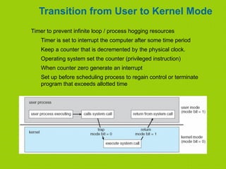 Transition from User to Kernel Mode
Timer to prevent infinite loop / process hogging resources
Timer is set to interrupt the computer after some time period
Keep a counter that is decremented by the physical clock.
Operating system set the counter (privileged instruction)
When counter zero generate an interrupt
Set up before scheduling process to regain control or terminate
program that exceeds allotted time
 