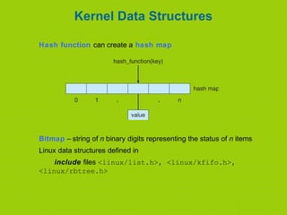 Kernel Data Structures
Hash function can create a hash map
Bitmap – string of n binary digits representing the status of n items
Linux data structures defined in
include files <linux/list.h>, <linux/kfifo.h>,
<linux/rbtree.h>
 