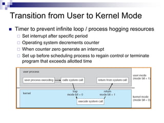 Transition from User to Kernel Mode
 Timer to prevent infinite loop / process hogging resources
 Set interrupt after specific period
 Operating system decrements counter
 When counter zero generate an interrupt
 Set up before scheduling process to regain control or terminate
program that exceeds allotted time
 