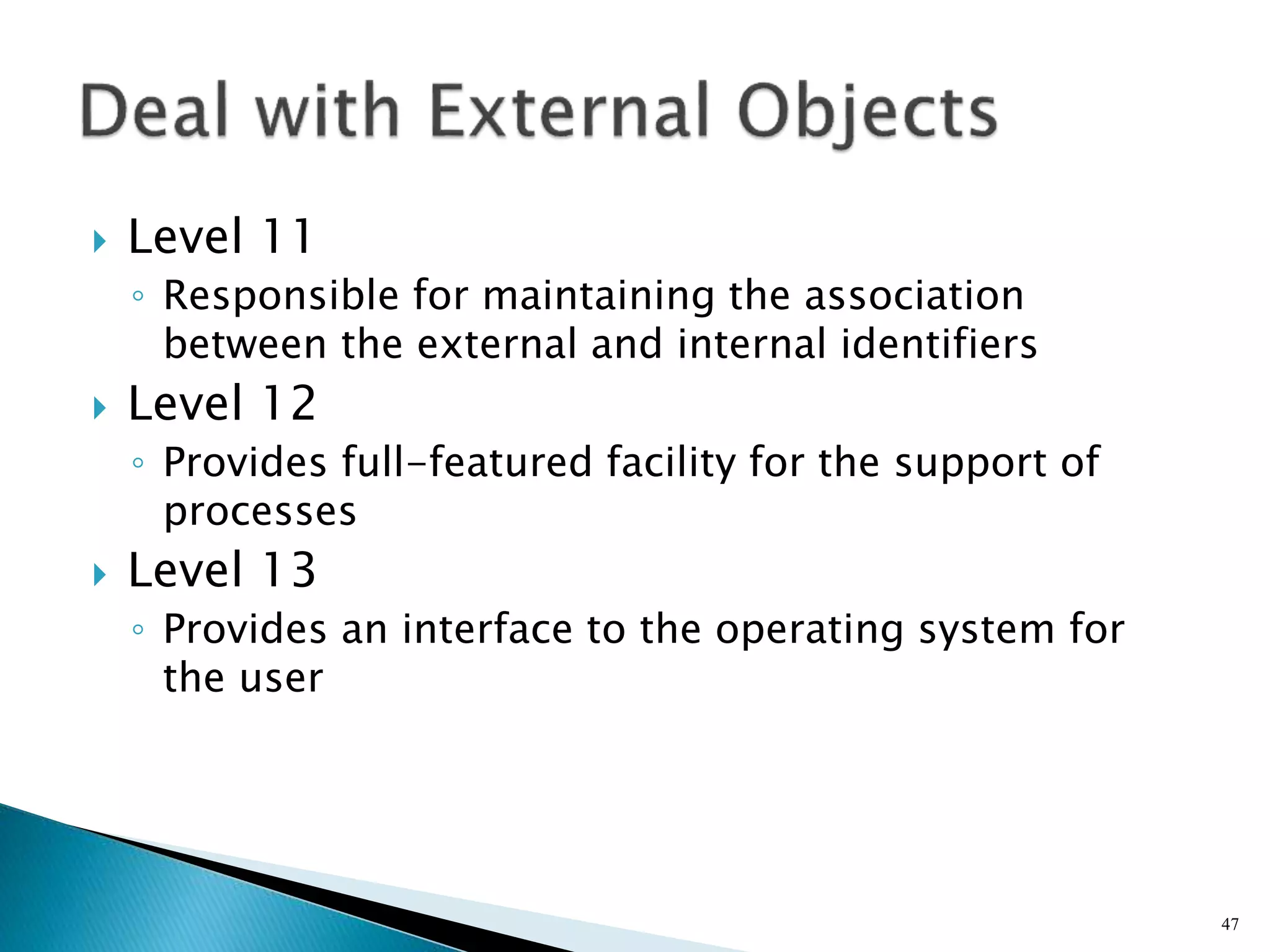 Level 11
◦ Responsible for maintaining the association
between the external and internal identifiers
 Level 12
◦ Provides full-featured facility for the support of
processes
 Level 13
◦ Provides an interface to the operating system for
the user
47
 