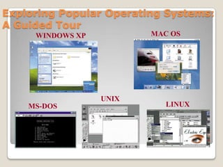 Exploring Popular Operating Systems:
A Guided Tour
     WINDOWS XP          MAC OS




                  UNIX
    MS-DOS                  LINUX
 