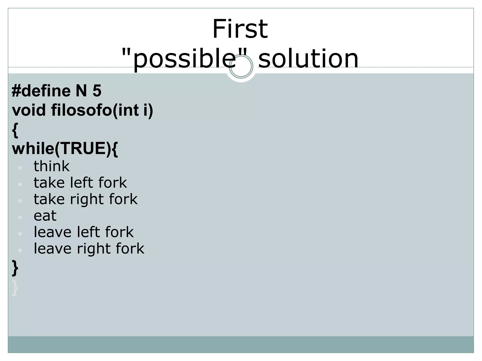 First
                "possible" solution
#define N 5
void filosofo(int i)
{
while(TRUE){
•   think
•   take left fork
•   take right fork
•   eat
•   leave left fork
•   leave right fork
}
}
 