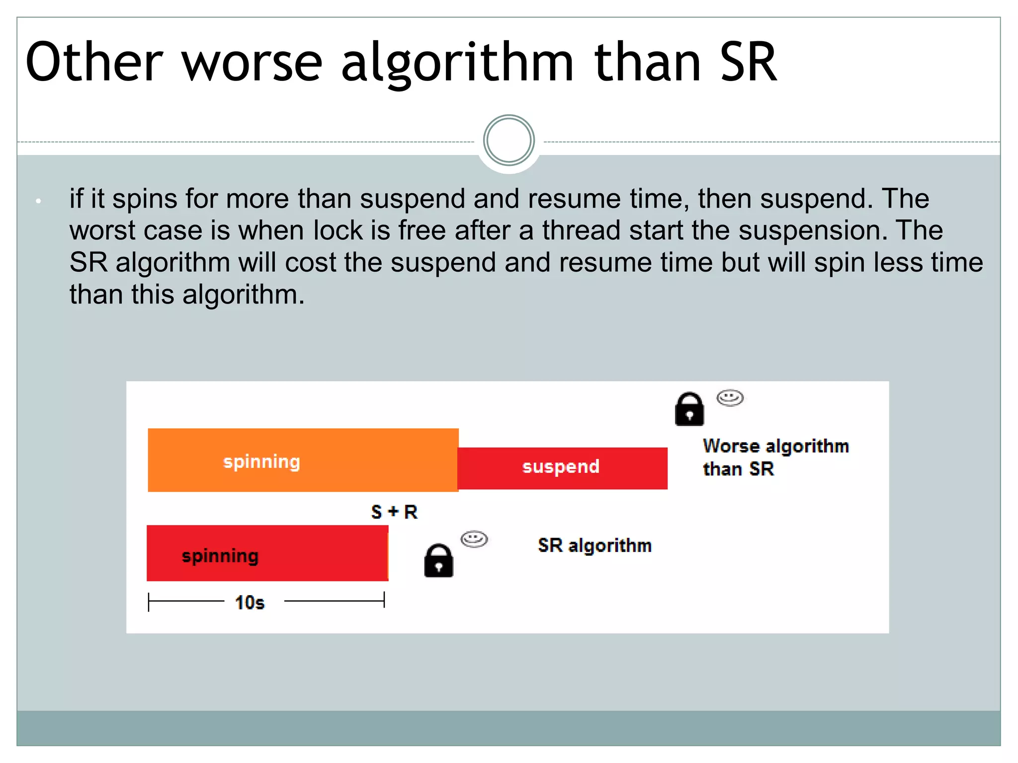 Other worse algorithm than SR

•   if it spins for more than suspend and resume time, then suspend. The
    worst case is when lock is free after a thread start the suspension. The
    SR algorithm will cost the suspend and resume time but will spin less time
    than this algorithm.
 