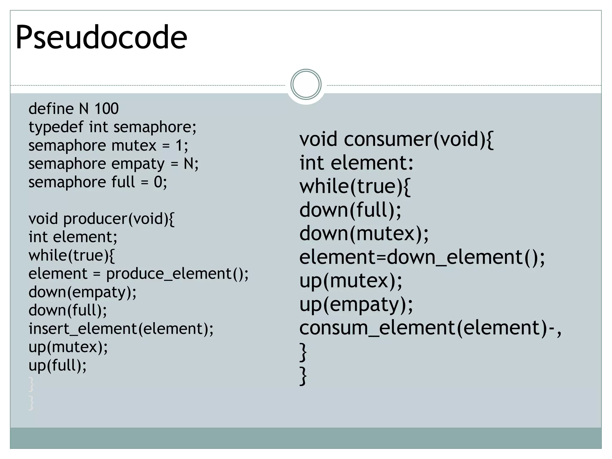 Pseudocode

define N 100
typedef int semaphore;
semaphore mutex = 1;           void consumer(void){
semaphore empaty = N;          int element:
semaphore full = 0;            while(true){
void producer(void){           down(full);
int element;                   down(mutex);
while(true){                   element=down_element();
element = produce_element();
down(empaty);
                               up(mutex);
down(full);                    up(empaty);
insert_element(element);       consum_element(element)-,
up(mutex);                     }
up(full);
}                              }
}
 