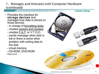  Provides the interface for
storage devices and
manages how data is stored on
those devices
- in charge of formatting disks
- creates sectors and clusters
- creates F.A.T. or V.T.O.C.
- sends message when disk is
full or there is some other
problem with writing data to
the disk
- virtual memory
- CD-ROM, DVD-ROM
- Flash drive
Rick Graziani graziani@cabrillo.edu 11
 