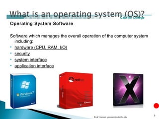 Operating System Software
Software which manages the overall operation of the computer system
including:
 hardware (CPU, RAM, I/O)
 security
 system interface
 application interface
Rick Graziani graziani@cabrillo.edu
5
 