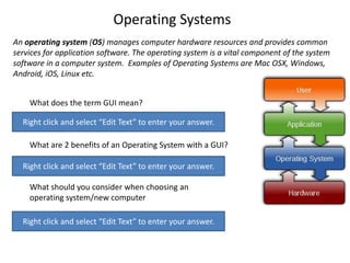 Operating Systems
An operating system (OS) manages computer hardware resources and provides common
services for application software. The operating system is a vital component of the system
software in a computer system. Examples of Operating Systems are Mac OSX, Windows,
Android, iOS, Linux etc.
What does the term GUI mean?
What are 2 benefits of an Operating System with a GUI?
What should you consider when choosing an
operating system/new computer
Right click and select “Edit Text” to enter your answer.
Right click and select “Edit Text” to enter your answer.
Right click and select “Edit Text” to enter your answer.
 