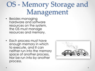 OS - Memory Storage and 
Management 
• Besides managing 
hardware and software 
resources on the system, 
the OS must manage 
resources and memory. 
• Each process must have 
enough memory in which 
to execute, and It can 
neither run into the memory 
space of another process, 
Nor be run into by another 
process. 
 