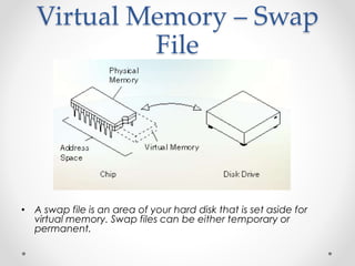 Virtual Memory – Swap 
File 
• A swap file is an area of your hard disk that is set aside for 
virtual memory. Swap files can be either temporary or 
permanent. 
 