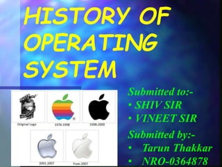 HISTORY OF
OPERATING
SYSTEM
Submitted to:-
• SHIV SIR
• VINEET SIR
Submitted by:-
• Tarun Thakkar
• NRO-0364878
 