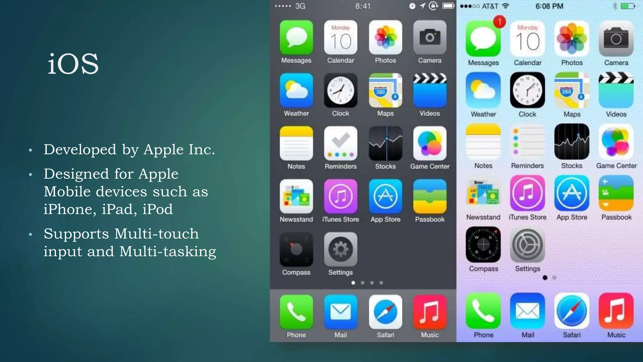 • Developed by Apple Inc.
• Designed for Apple
Mobile devices such as
iPhone, iPad, iPod
• Supports Multi-touch
input and Multi-tasking
iOS
 