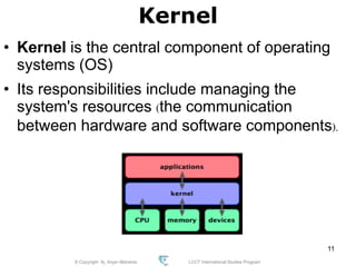 © Copyright Aj. Anjan Mahanta LCCT International Studies Program
11
Kernel
• Kernel is the central component of operating
systems (OS)
• Its responsibilities include managing the
system's resources (the communication
between hardware and software components).
 