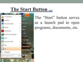 The Start Button ...
The “Start” button serves
as a launch pad to open
programs, documents, etc.
 