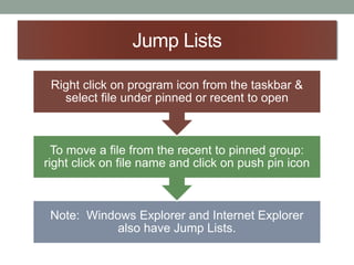 Jump Lists
Note: Windows Explorer and Internet Explorer
also have Jump Lists.
To move a file from the recent to pinned group:
right click on file name and click on push pin icon
Right click on program icon from the taskbar &
select file under pinned or recent to open
 