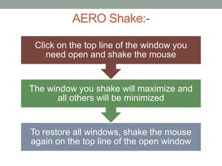 AERO Shake:-
To restore all windows, shake the mouse
again on the top line of the open window
The window you shake will maximize and
all others will be minimized
Click on the top line of the window you
need open and shake the mouse
 