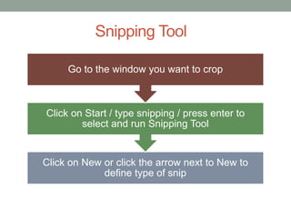 Snipping Tool
Click on New or click the arrow next to New to
define type of snip
Click on Start / type snipping / press enter to
select and run Snipping Tool
Go to the window you want to crop
 