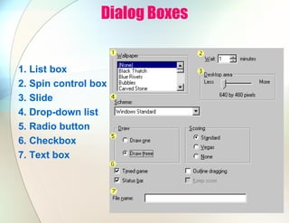 Dialog Boxes
1. List box
2. Spin control box
3. Slide
4. Drop-down list
5. Radio button
6. Checkbox
7. Text box
 