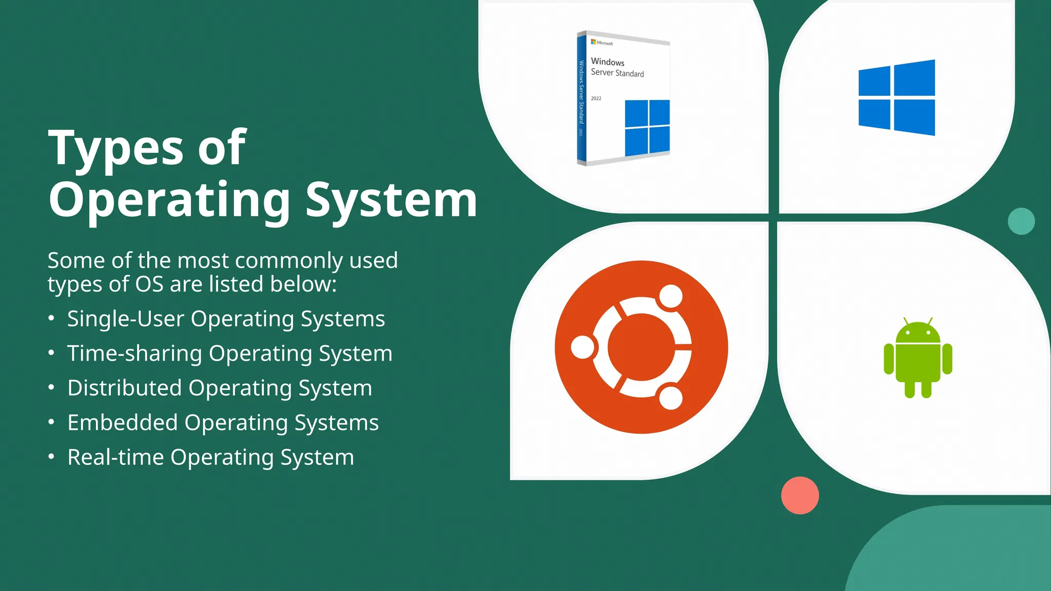Types of
Operating System
Some of the most commonly used
types of OS are listed below:
• Single-User Operating Systems
• Time-sharing Operating System
• Distributed Operating System
• Embedded Operating Systems
• Real-time Operating System
 