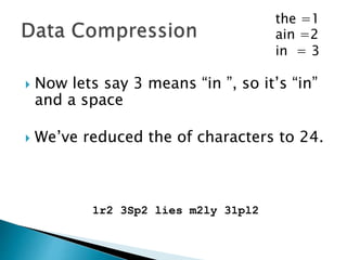  Now lets say 1 means “the ”, so it’s
“the” and a space
 We’ve reduced the of characters to 26.
1r2 3 Sp2 lies m2ly 3 1pl2
the =1
ain =2
in = 3
 