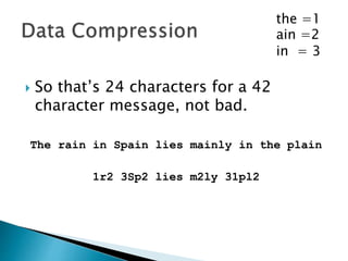  Now lets say 3 means “in ”, so it’s “in”
and a space
1r2 3 Sp2 lies m2ly 3 1pl2
the =1
ain =2
in = 3
 