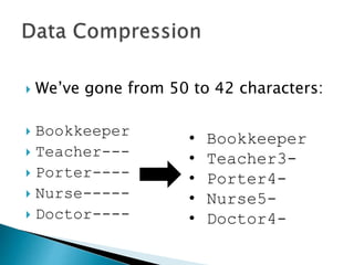  Rather than sending the spaces we
could just say how long they are:
 Bookkeeper
 Teacher---
 Porter----
 Nurse-----
 Doctor----
 