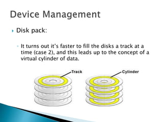  Disk pack:
◦ It turns out it’s faster to fill the disks a track at a
time (case 2), and this leads up to the concept of a
virtual cylinder of data.
 