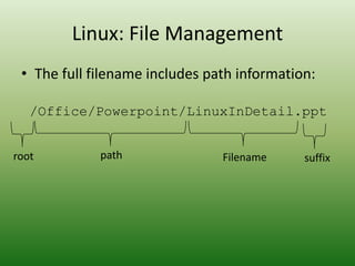 • The full filename includes path information:
/Office/Powerpoint/LinuxInDetail.ppt
Linux: File Management
Filename suffixpathroot
 