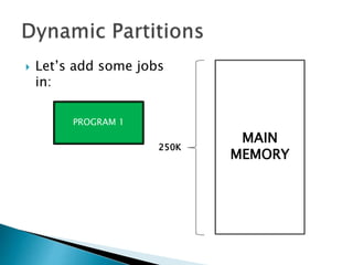  Let’s add some
programs in:
MAIN
MEMORY
250K
PROGRAM 1
 